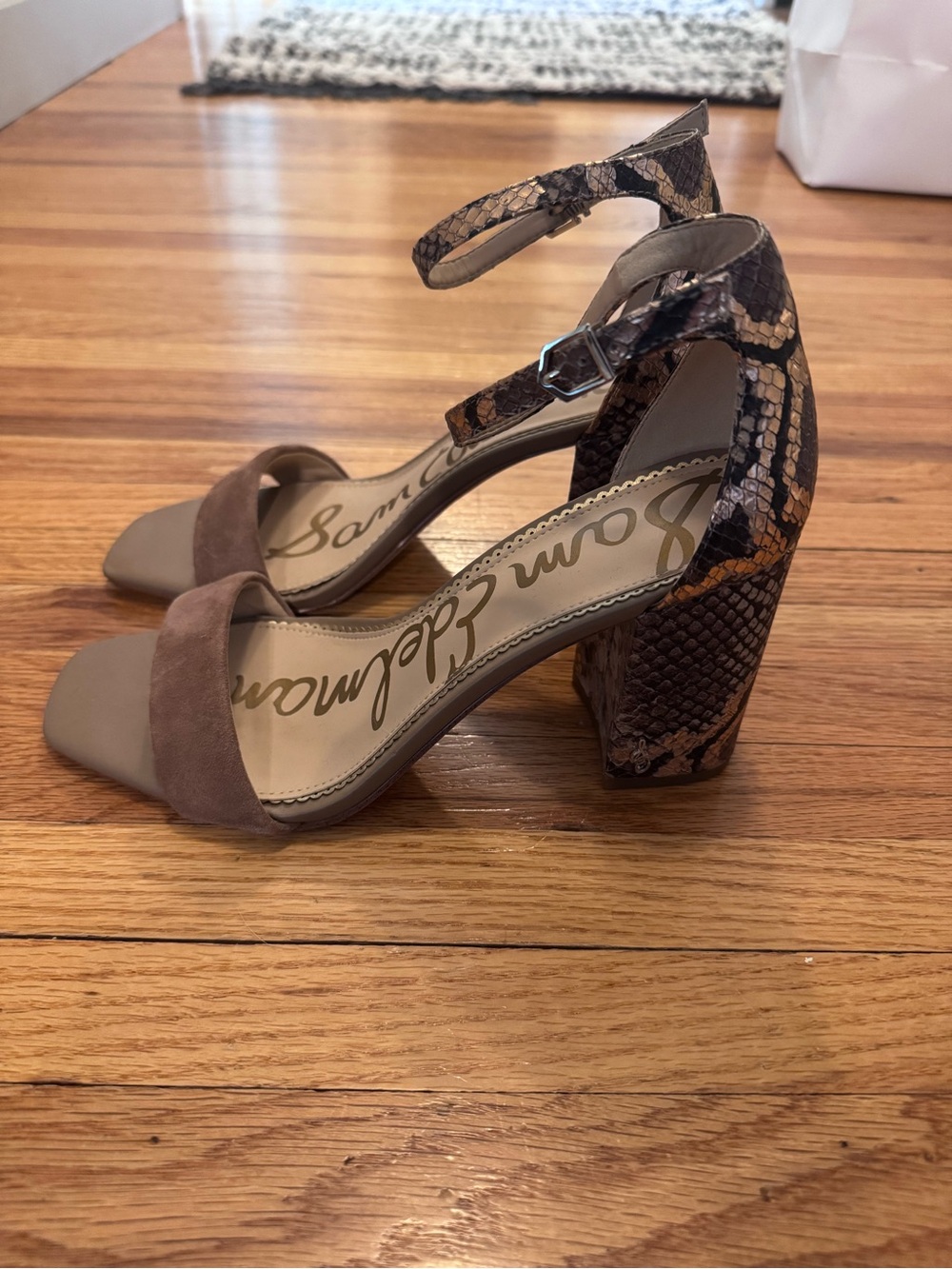 Sam Edelman Daniella Taupe Suede & Snake-Print Block Heel Sandals